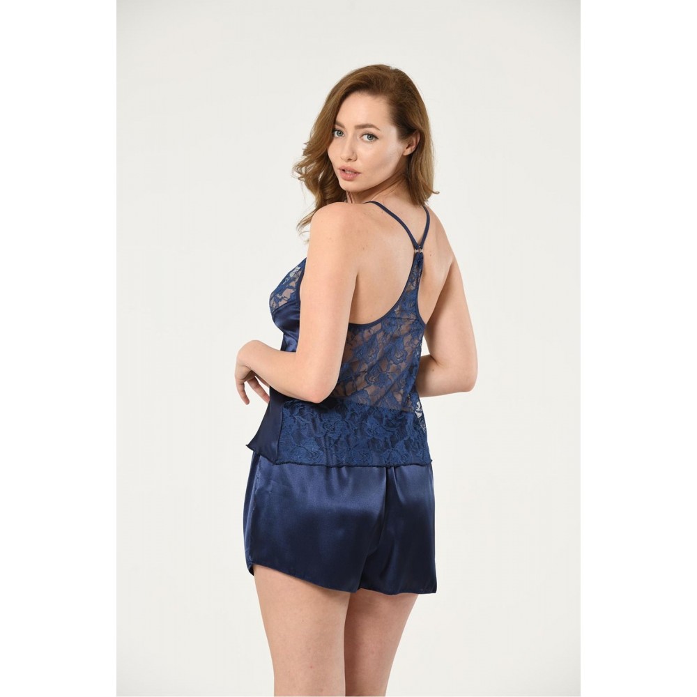 Nuitamore Lacivert Saten-Lez Big Size Şort Pijama Takım