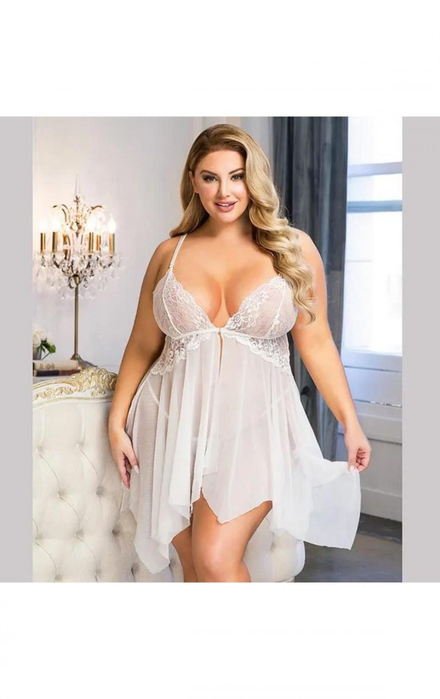 Nuitamore Ekru ''Big size" Dantel ve Tül Kumaşlı Gecelik.
