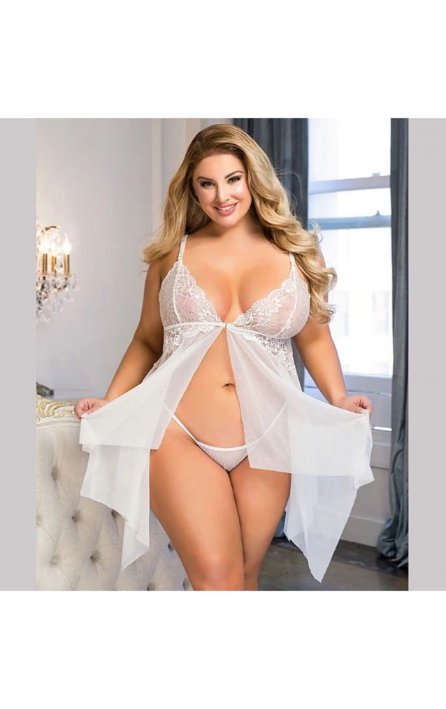 Nuitamore Ekru ''Big size" Dantel ve Tül Kumaşlı Gecelik.