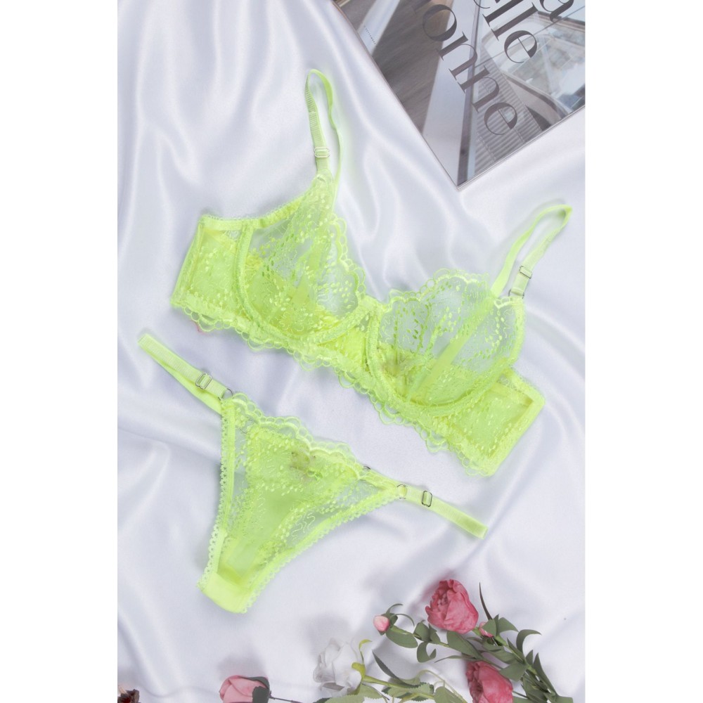 Nuitamore Neon Sarı Nakış İşlemeli Brode Sütyen Takım.