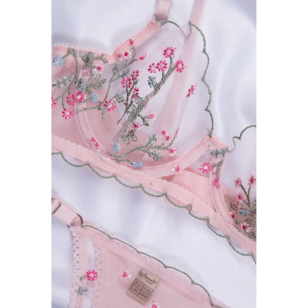 Nuitamore Pembe Renkli, Çiçekli Nakış İşlemeli Brode Sütyen Takım