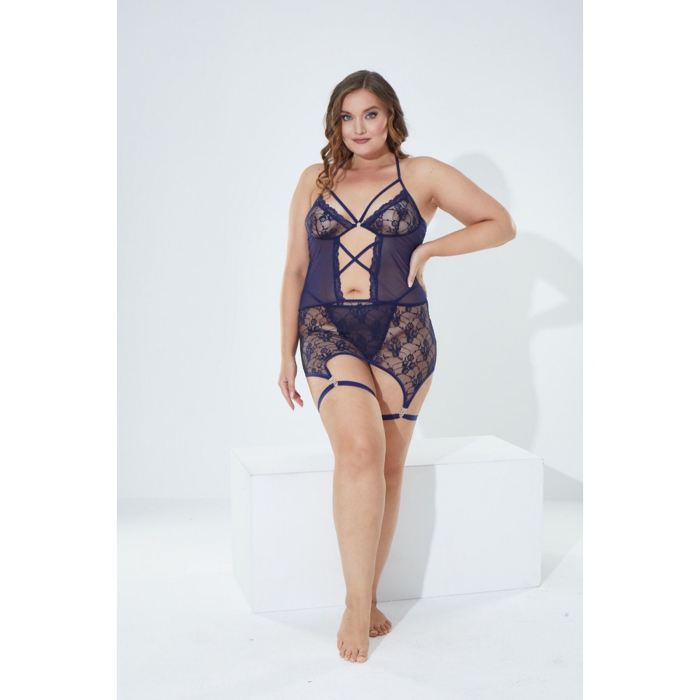 Büyük Beden Lacivert Jartiyer Bacak Bandı ve Dantel-Tül Babydoll