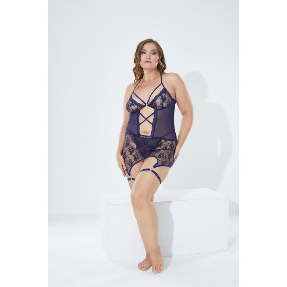 Büyük Beden Lacivert Jartiyer Bacak Bandı ve Dantel-Tül Babydoll