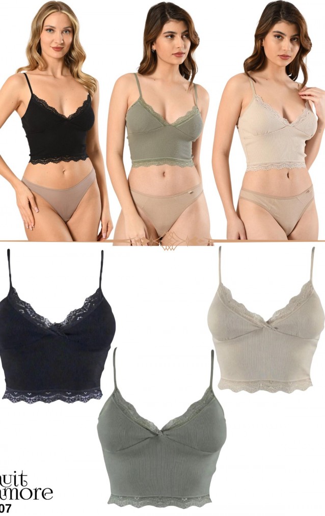 Nuitamore 3’lü Crop Takım Askılı Dantelli Pedli Büstiyer Bluz
