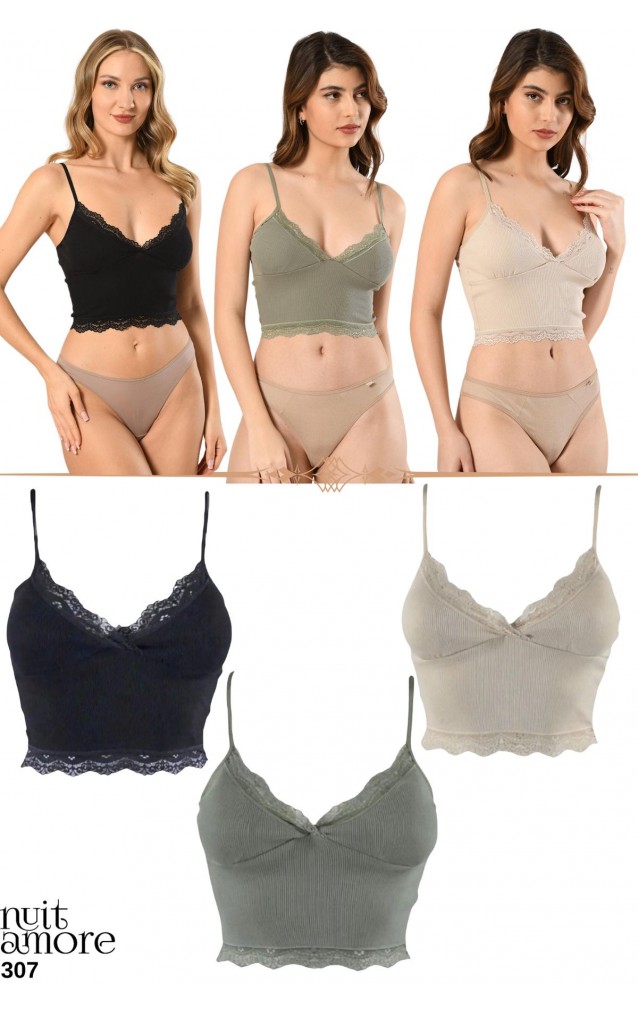 Nuitamore 3’lü Crop Takım Askılı Dantelli Pedli Büstiyer Bluz