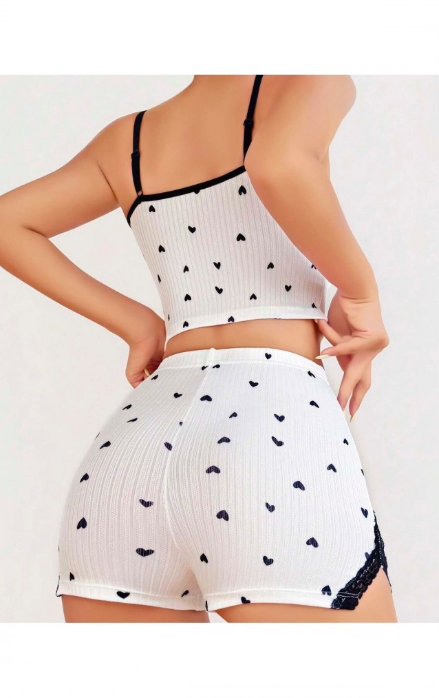 Kalp Desenli Askılı Şortlu Takım – Dantel Detaylı Pamuklu Pijama | Nuitamore