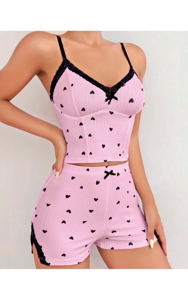 Pembe Kalpli Dantel Detaylı Ribana Şortlu Kadın Pijama Takımı –