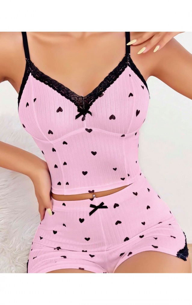 Pembe Kalpli Dantel Detaylı Ribana Şortlu Kadın Pijama Takımı –