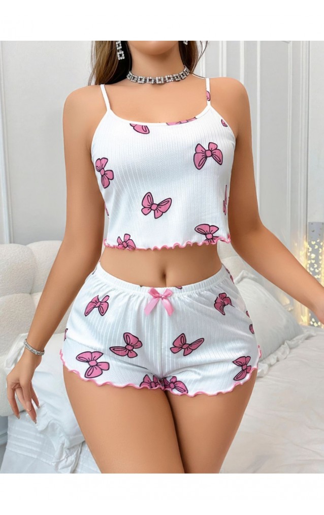 Beyaz Kelebek Desenli Crop Şortlu Kadın Pijama Takımı – Pamuklu Ribana –