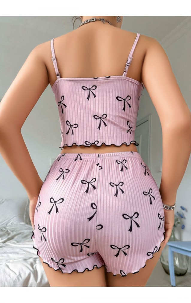 Pembe Kurdele Desenli Ribana Şortlu Kadın Pijama Takımı – %95 Pamuk –