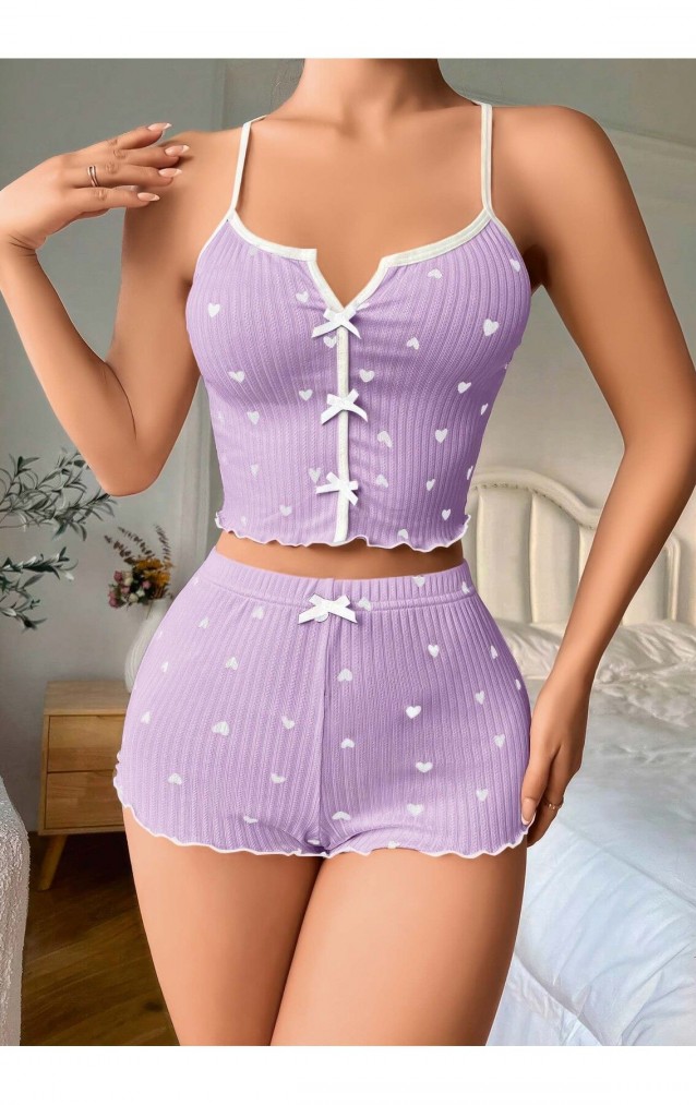 Lila Kalpli Fiyonklu Kadın Şortlu Pijama Takımı – Pamuklu Ribana –