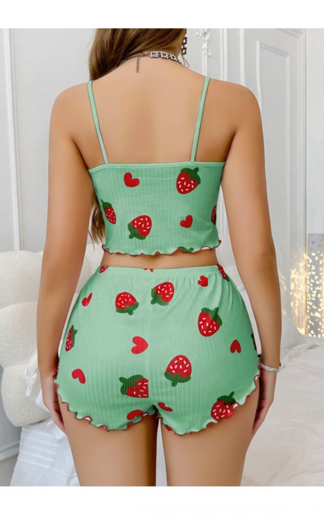 Çilek Desenli Kadın Şortlu Pijama Takımı – Pamuklu Ribana –