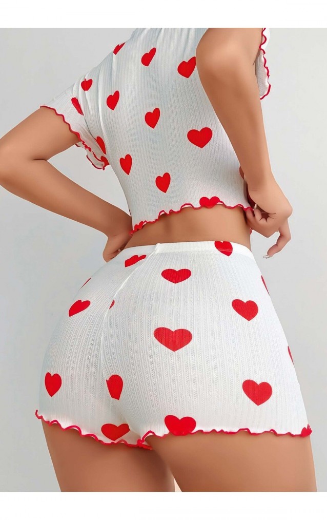 Kırmızı Kalpli Kısa Kollu Crop Şortlu Pijama Takımı – Pamuklu Ribana –