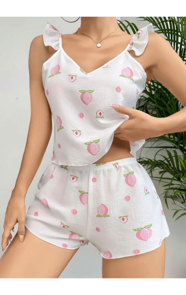 Şeftali Desenli Dabıl Kumaş Şortlu Kadın Pijama Takımı – Askılı –