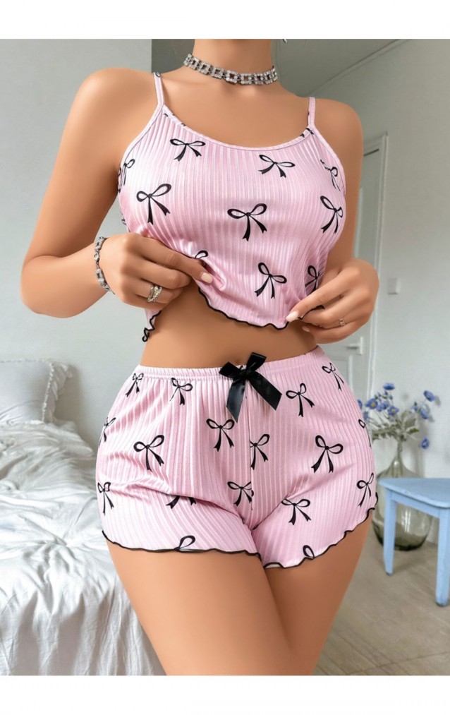 Pembe Kurdele Desenli Ribana Şortlu Kadın Pijama Takımı – %95 Pamuk –