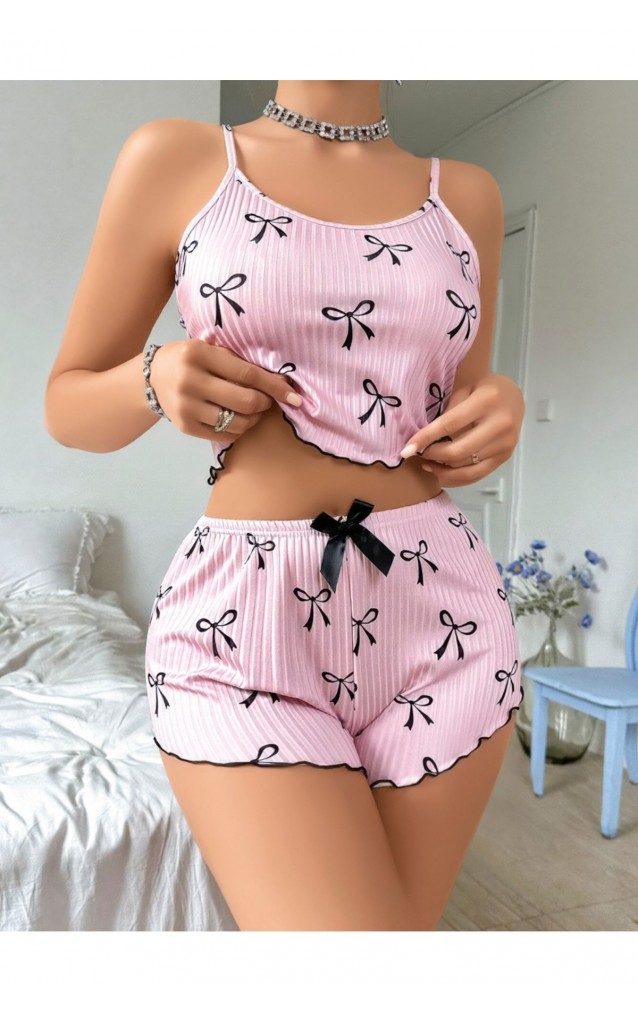 Pembe Kurdele Desenli Ribana Şortlu Kadın Pijama Takımı – %95 Pamuk –