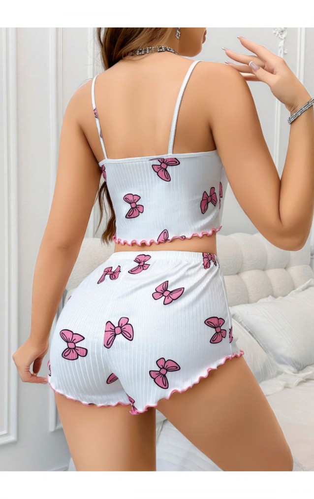 Beyaz Kelebek Desenli Crop Şortlu Kadın Pijama Takımı – Pamuklu Ribana –