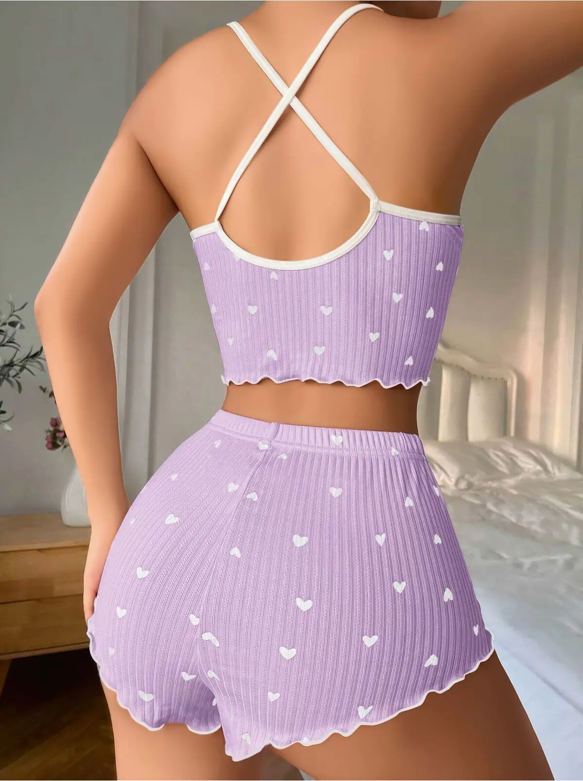 Lila Kalpli Fiyonklu Kadın Şortlu Pijama Takımı – Pamuklu Ribana – — detay