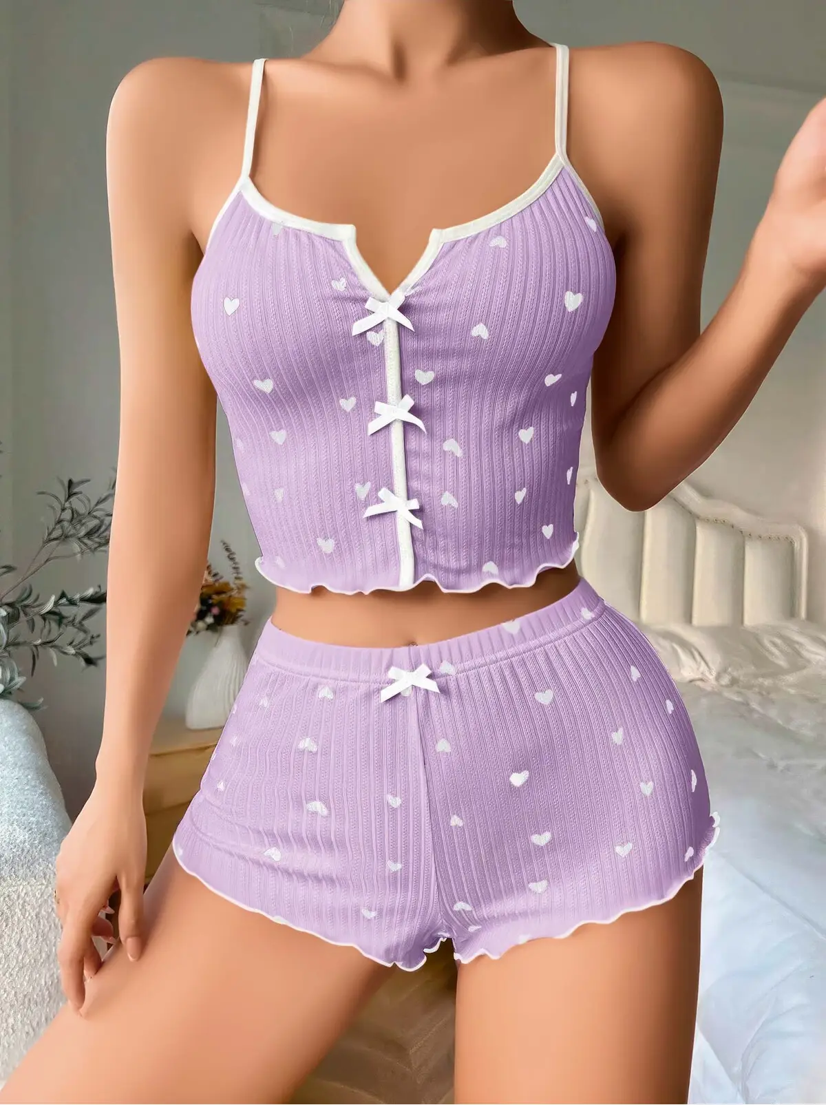 Lila Kalpli Fiyonklu Kadın Şortlu Pijama Takımı – Pamuklu Ribana – — detay